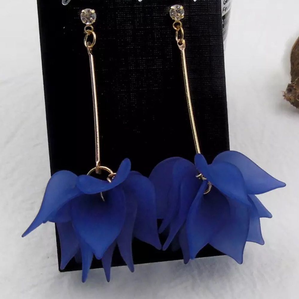 Gold Blue Flower Drop Earrings